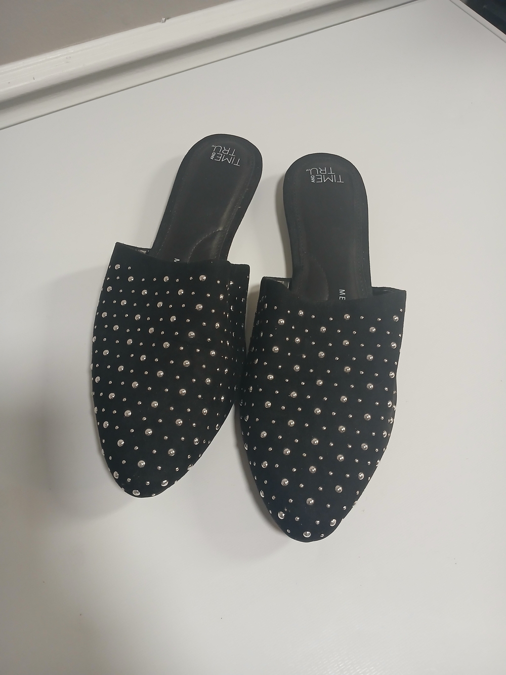 Black Suede Feel Silver Studded Slip-On Flat Mules 10M